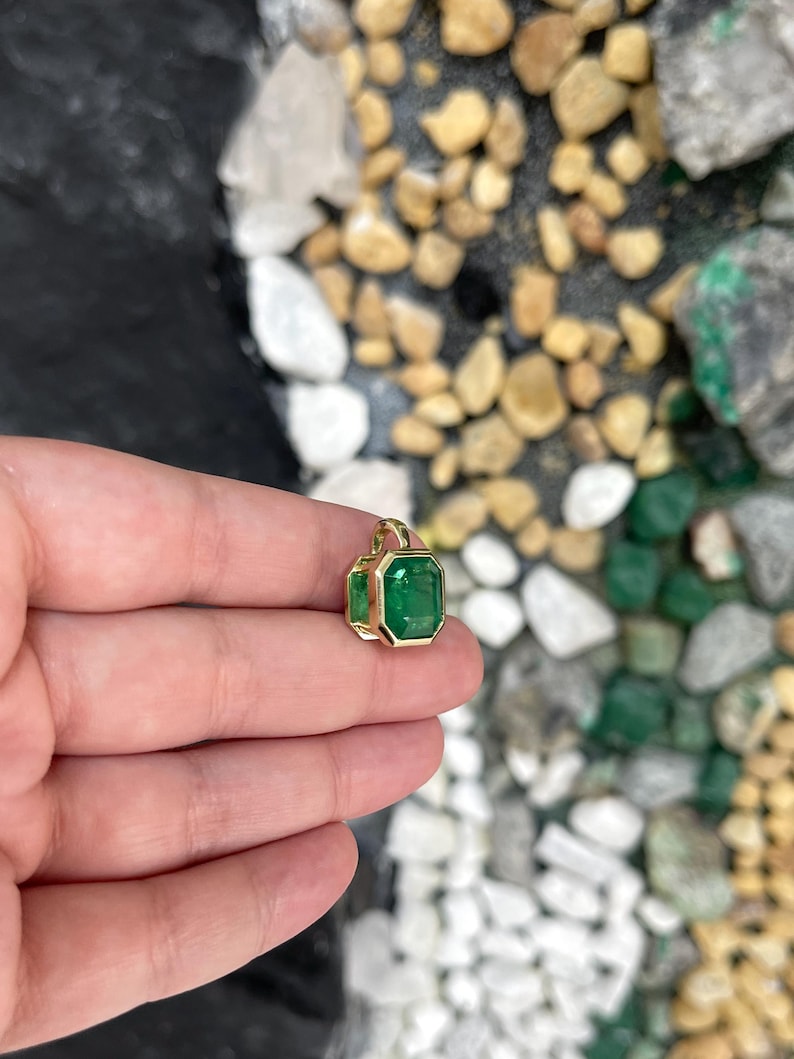 6.40ct 14K Rich Green Emerald Cut Emerald Solitaire Slider Bezek Pendant - JR Colombian Emeralds