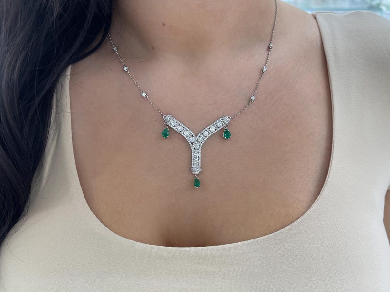 5.92tcw 18K Natural Diamond & Emerald Y Shape Pendant Necklace - JR Colombian Emeralds