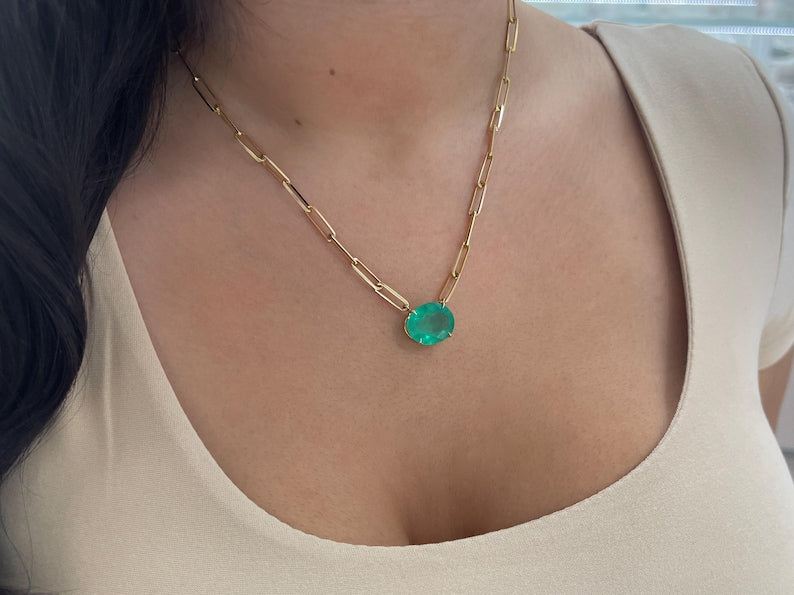 12.41ct 14K East to West Oval Large Colombian Emerald Statement Paper Clip Necklace - JR Colombian Emeralds
