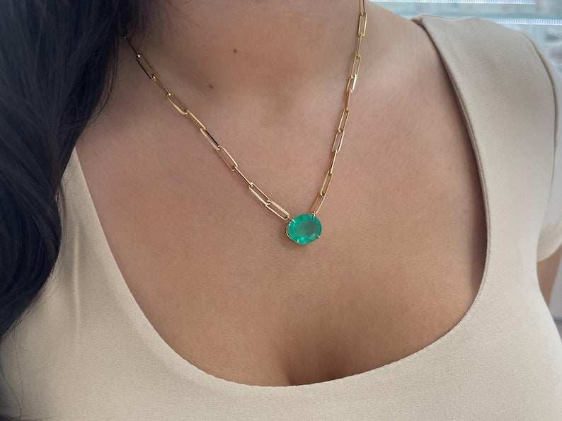 12.41ct 14K East to West Oval Large Colombian Emerald Statement Paper Clip Necklace - JR Colombian Emeralds