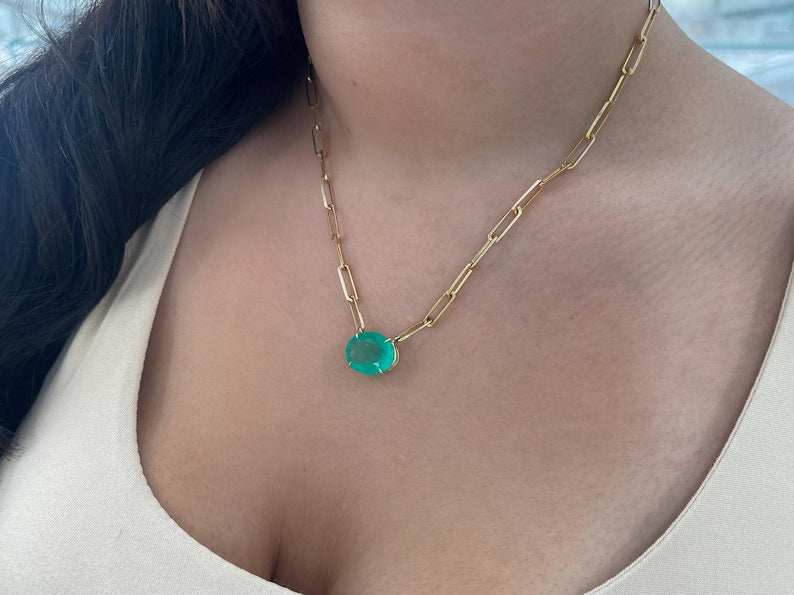 12.41ct 14K East to West Oval Large Colombian Emerald Statement Paper Clip Necklace - JR Colombian Emeralds