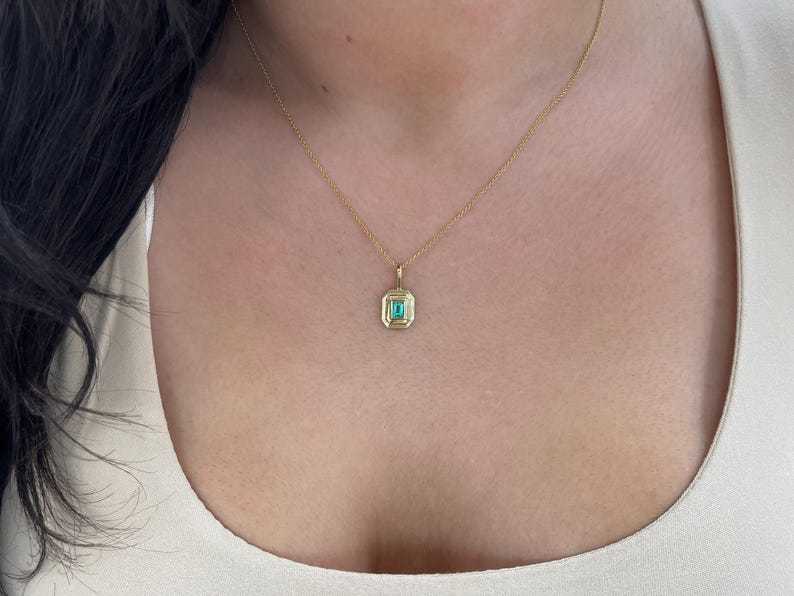 0.70ct 14K Natural Emerald Cut Emerald Solitaire Slider Pendant Necklace - JR Colombian Emeralds