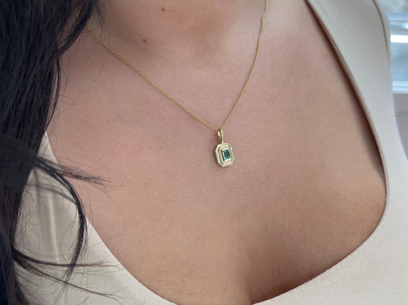 0.70ct 14K Natural Emerald Cut Emerald Solitaire Slider Pendant Necklace - JR Colombian Emeralds