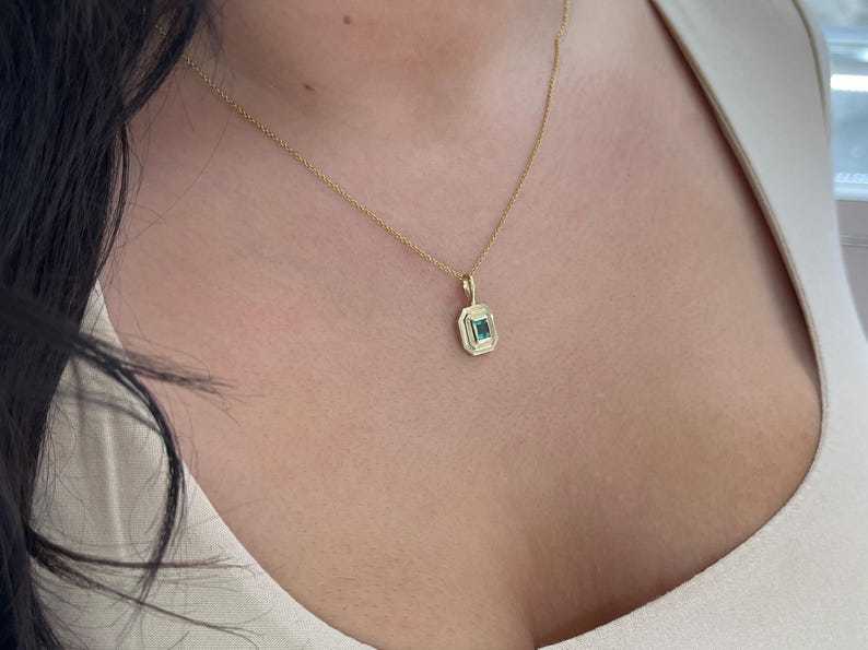 0.70ct 14K Natural Emerald Cut Emerald Solitaire Slider Pendant Necklace - JR Colombian Emeralds