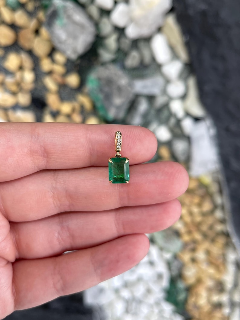 2.16tcw 14K Natural Emerald Cut Emerald & Diamond Accent Lush Dark Green Pendant Necklace - JR Colombian Emeralds