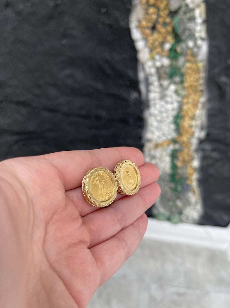 14K Vintage Gold Coin Omega Back Earrings - Lady Liberty 2003 | Timeless Elegance - JR Colombian Emeralds