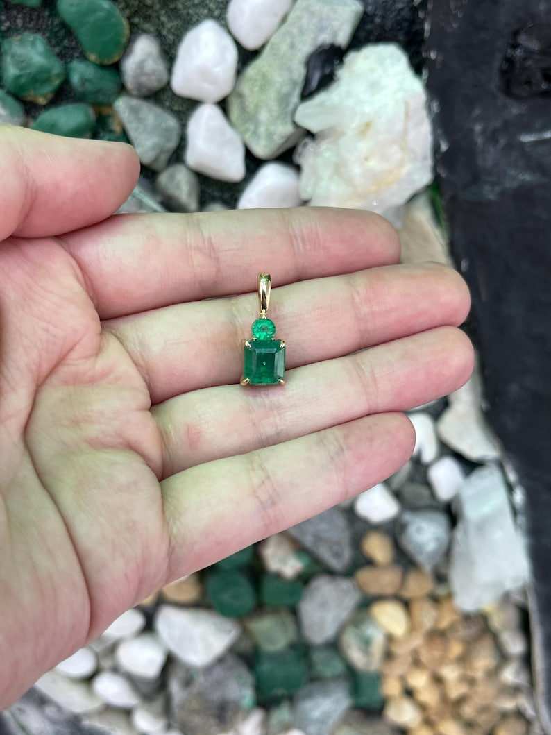 4.46tcw Zambian Emerald Toi et Moi Necklace 14K Gold Asscher & Round Pendant - JR Colombian Emeralds