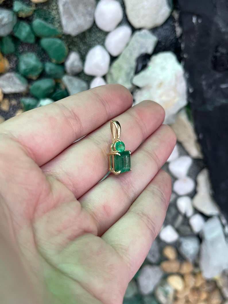 4.46tcw Zambian Emerald Toi et Moi Necklace 14K Gold Asscher & Round Pendant - JR Colombian Emeralds