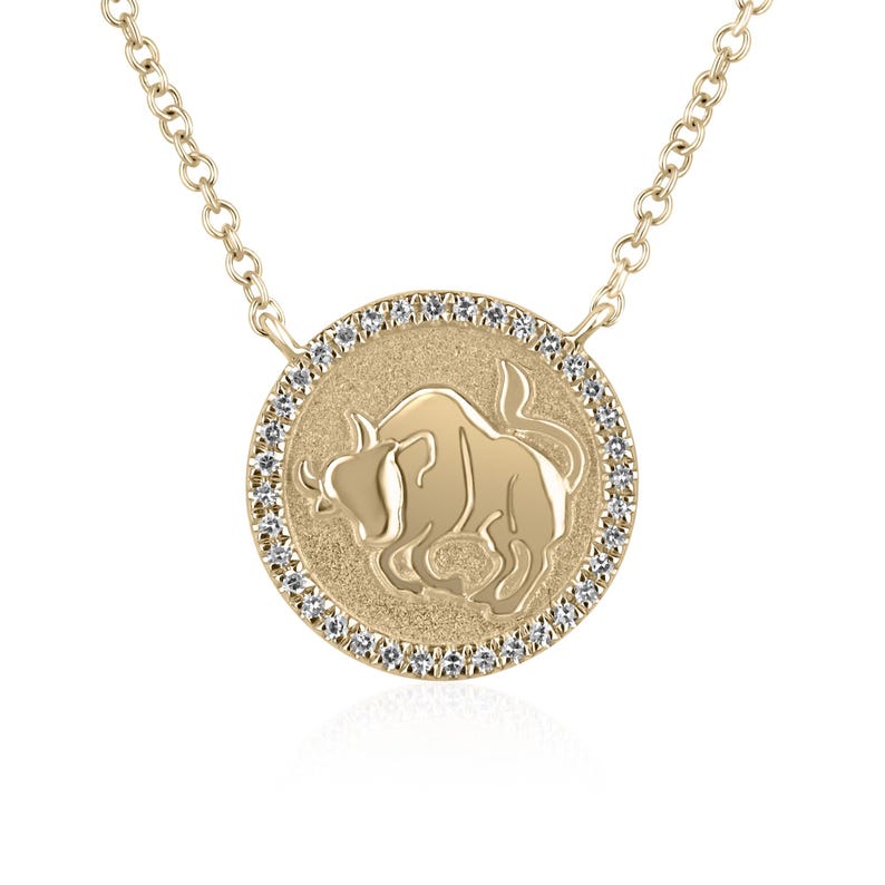 0.9-Carat 14K Gold Taurus Diamond Necklace with 3D Bull Medallion on Adjustable Chain, 16-18 Inch