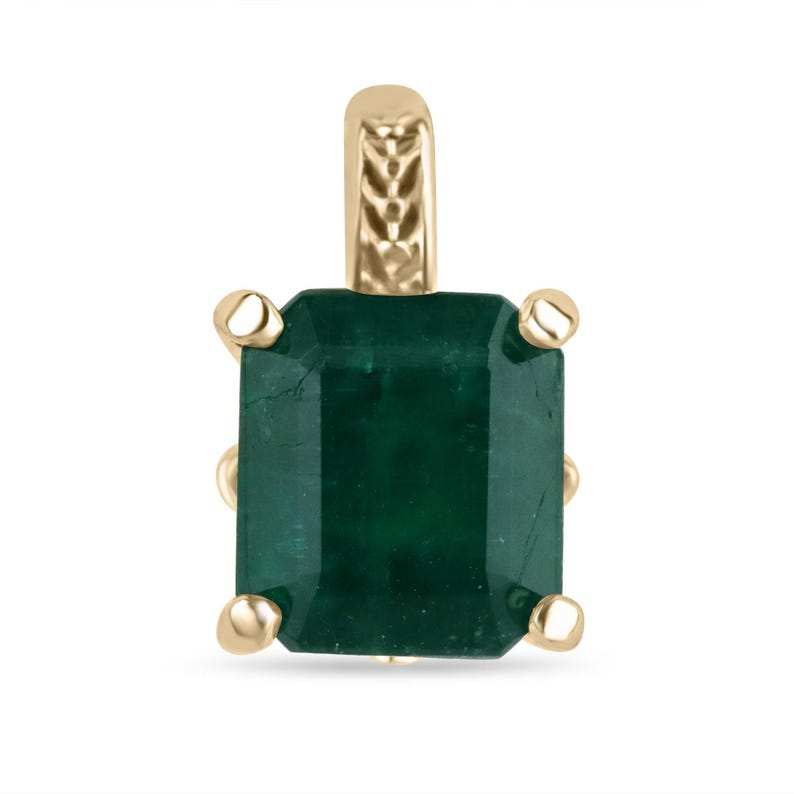 2.0ct deep dark green emerald cut emerald pendant prong set in 14K yellow gold