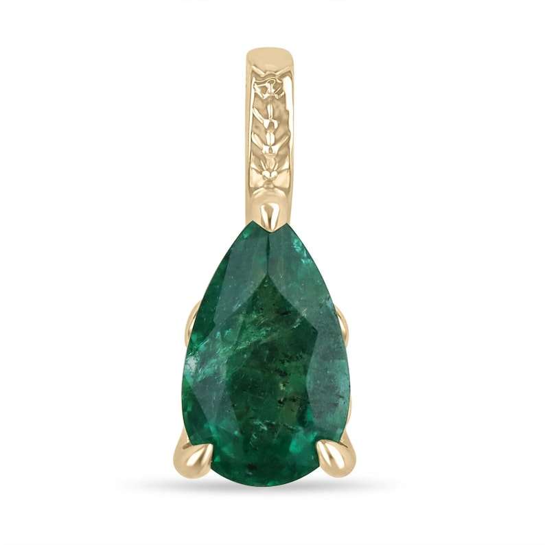 2.06ct 14K yellow gold pear cut deep green emerald solitaire pendant with 3-prong setting and floral bale design