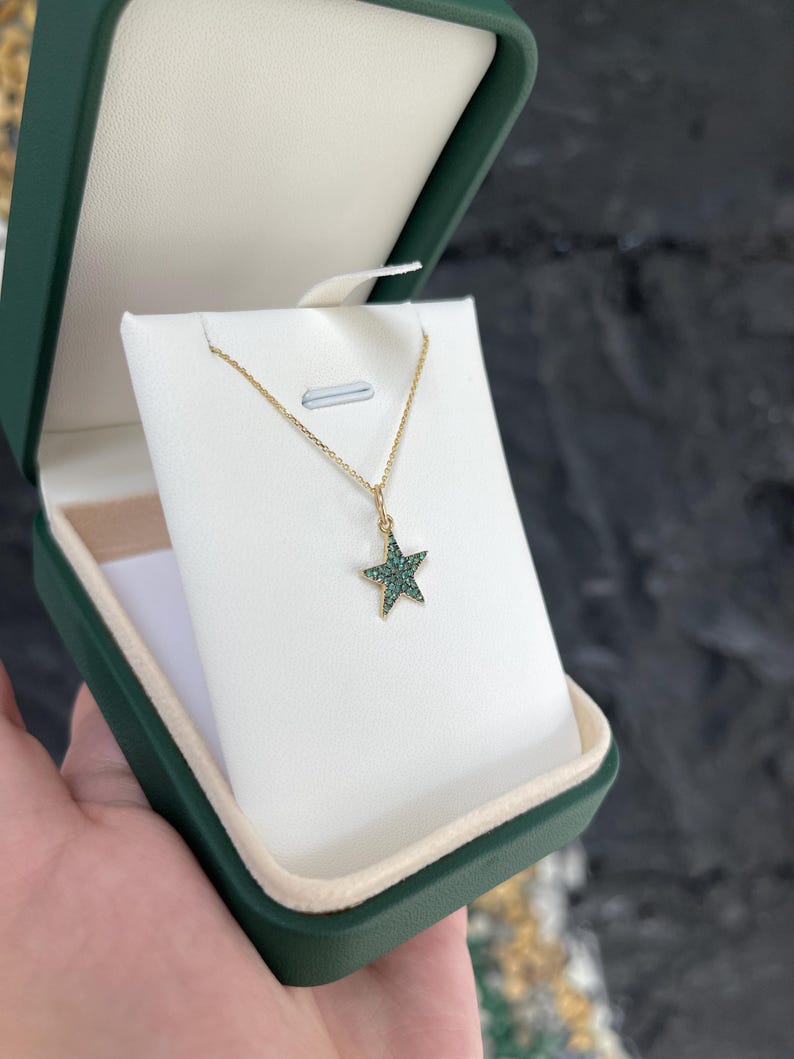 Round Cut Emerald Pendant in 14K Black Rhodium – Star Charm Design, 0.20tcw