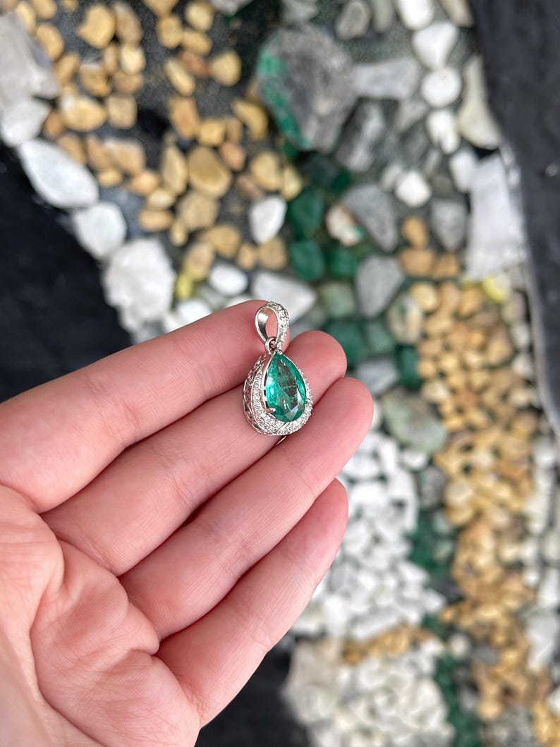 3.37tcw 14K Natural Pear Cut Emerald & Diamond Accent Pendant Necklace Bluish Green White Gold Floral Setting - JR Colombian Emeralds