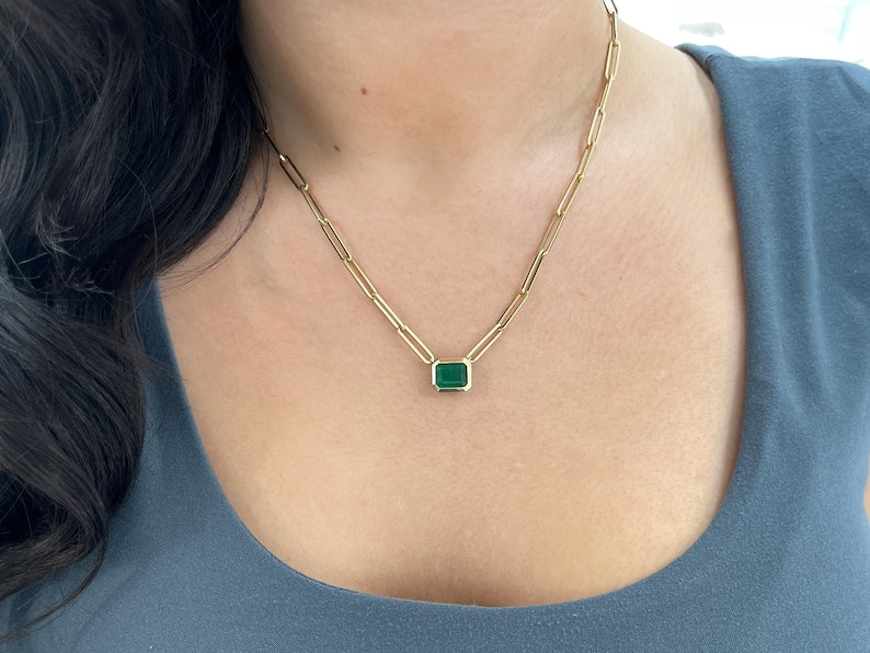 2.58 Carat East-West Natural Dark Green Emerald Paperclip Stacking Necklace 14K - JR Colombian Emeralds
