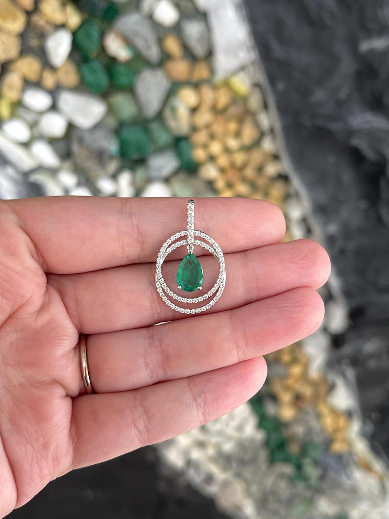 2.40tcw 14K Pear Cut Emerald & Duo Diamond Halo Lush Green Pendant Necklace - JR Colombian Emeralds