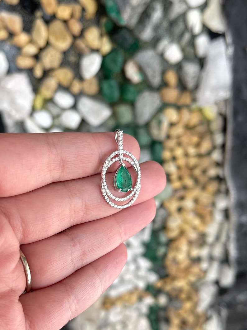 2.40tcw 14K Pear Cut Emerald & Duo Diamond Halo Lush Green Pendant Necklace - JR Colombian Emeralds