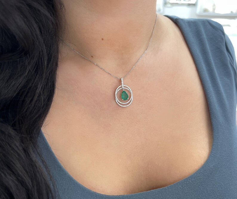 2.40tcw 14K Pear Cut Emerald & Duo Diamond Halo Lush Green Pendant Necklace - JR Colombian Emeralds