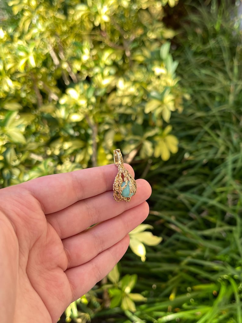 6.80-Carat Cabochon Nugget Cage Pendent Free Floating Earth Mined Emerald 14K Yellow Gold Pendant - JR Colombian Emeralds