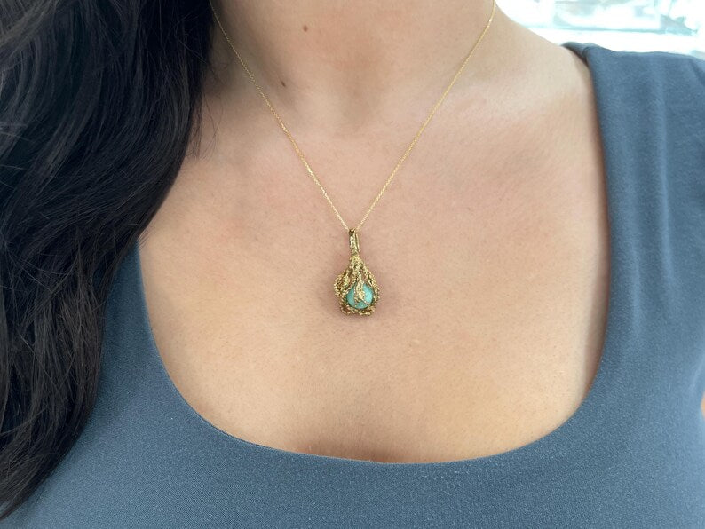 6.80-Carat Cabochon Nugget Cage Pendent Free Floating Earth Mined Emerald 14K Yellow Gold Pendant - JR Colombian Emeralds