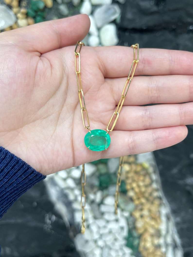 12.41ct 14K East to West Oval Large Colombian Emerald Statement Paper Clip Necklace - JR Colombian Emeralds