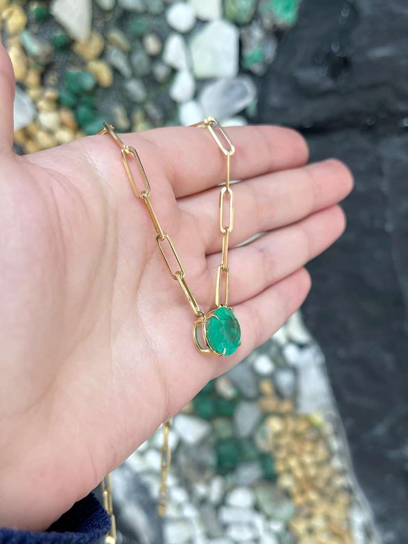 12.41ct 14K East to West Oval Large Colombian Emerald Statement Paper Clip Necklace - JR Colombian Emeralds