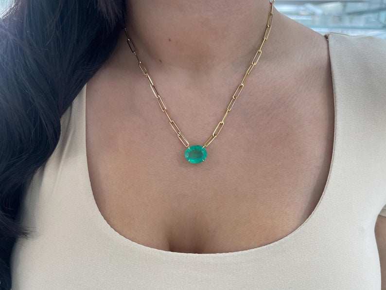 12.41ct 14K East to West Oval Large Colombian Emerald Statement Paper Clip Necklace - JR Colombian Emeralds
