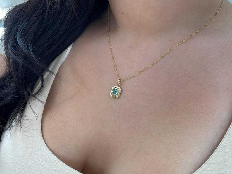 0.70ct 14K Natural Emerald Cut Emerald Solitaire Slider Pendant Necklace - JR Colombian Emeralds