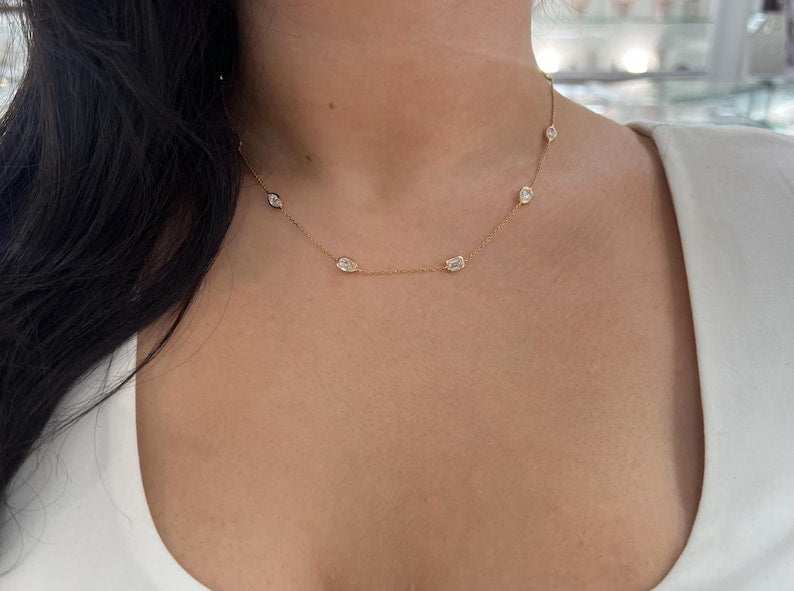 4.39tcw 14K Multi-Cut Diamond by The Yard Diamond Oval Marquise Pear Emerald Cut Necklace - JR Colombian Emeralds
