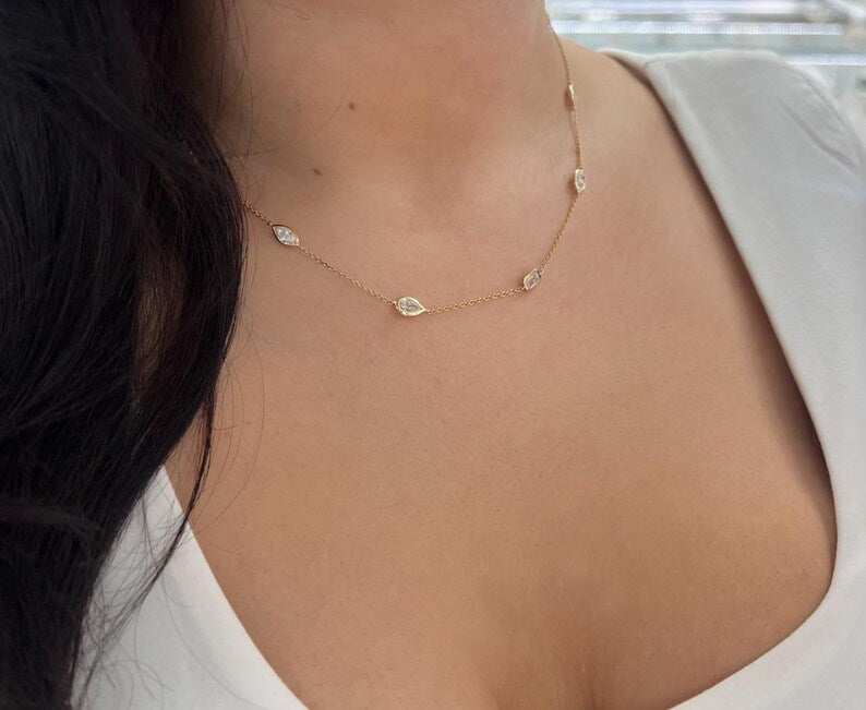 4.39tcw 14K Multi-Cut Diamond by The Yard Diamond Oval Marquise Pear Emerald Cut Necklace - JR Colombian Emeralds