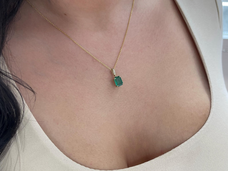 2.16tcw 14K Natural Emerald Cut Emerald & Diamond Accent Lush Dark Green Pendant Necklace - JR Colombian Emeralds