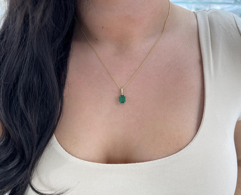 2.16tcw 14K Natural Emerald Cut Emerald & Diamond Accent Lush Dark Green Pendant Necklace - JR Colombian Emeralds