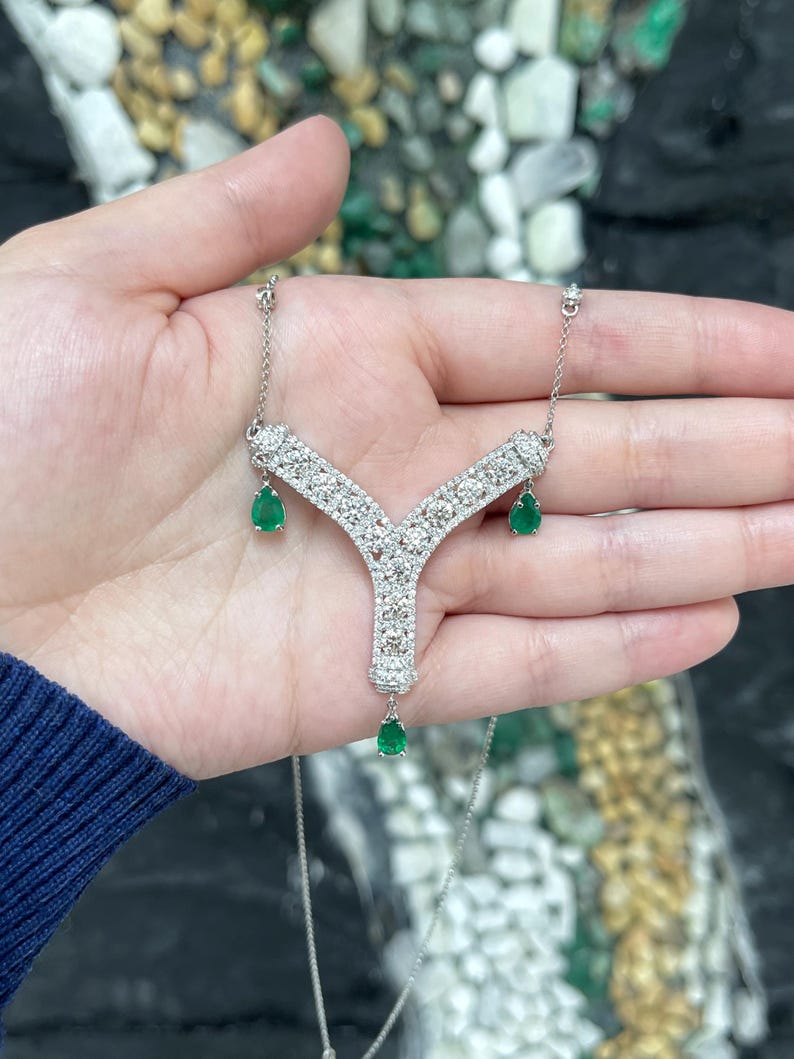 5.92tcw 18K Natural Diamond & Emerald Y Shape Pendant Necklace - JR Colombian Emeralds