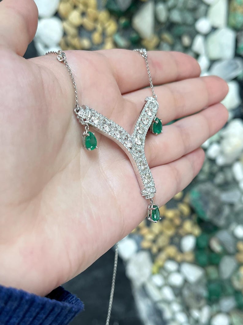 5.92tcw 18K Natural Diamond & Emerald Y Shape Pendant Necklace - JR Colombian Emeralds