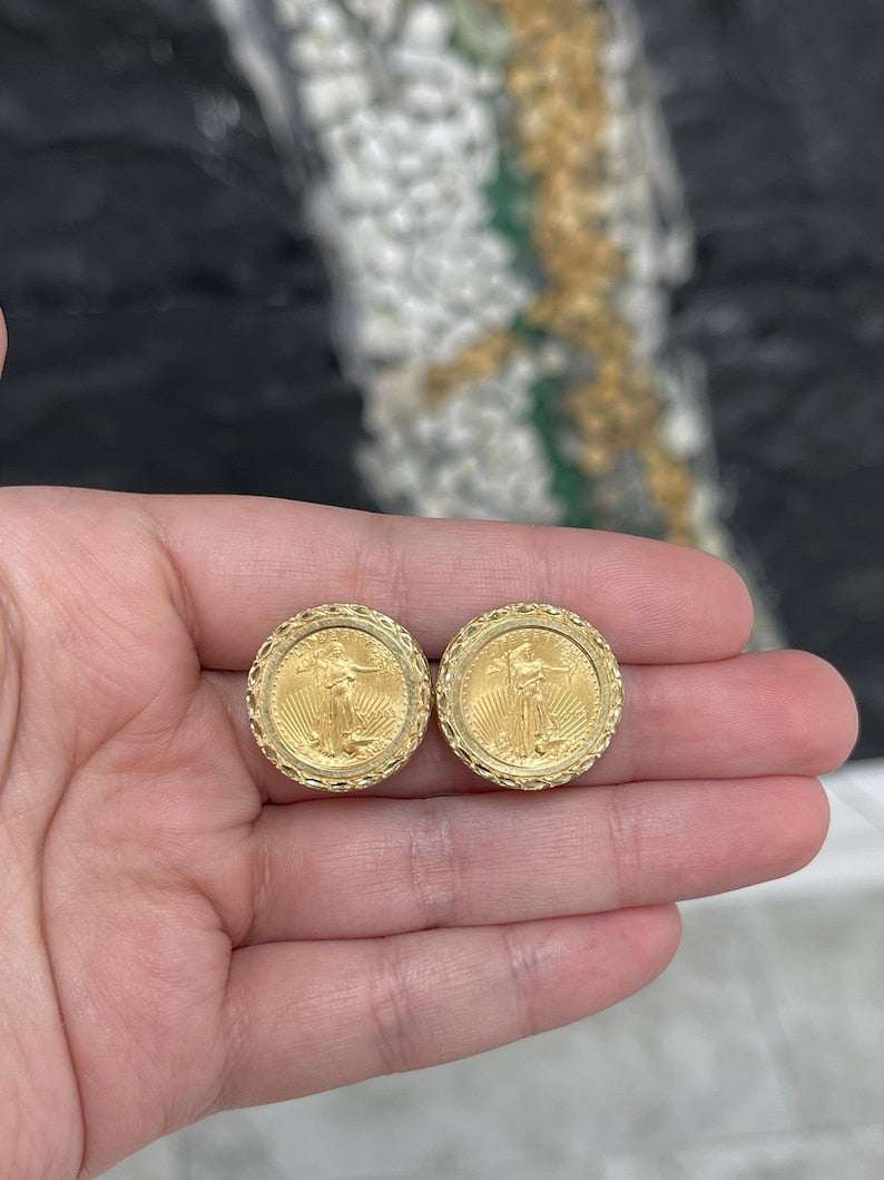 14K Vintage Gold Coin Omega Back Earrings - Lady Liberty 2003 | Timeless Elegance - JR Colombian Emeralds