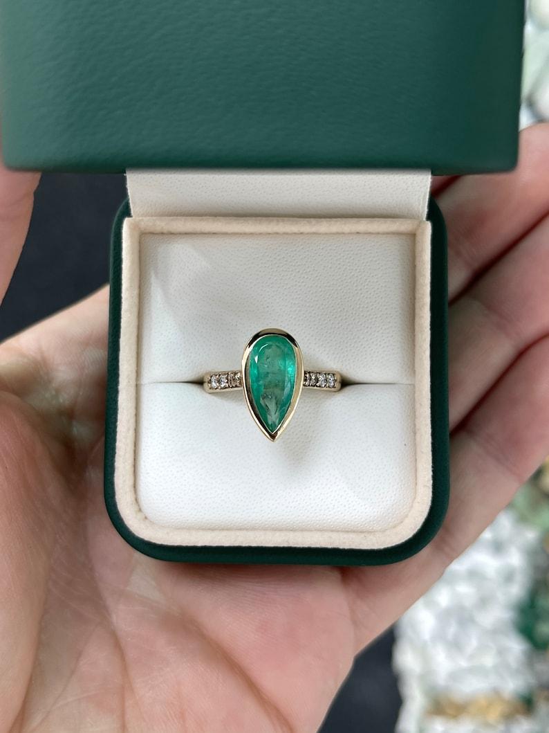 2.21tcw Pear Cut Emerald Diamond Bezel Engagement Ring 14K Yellow Gold