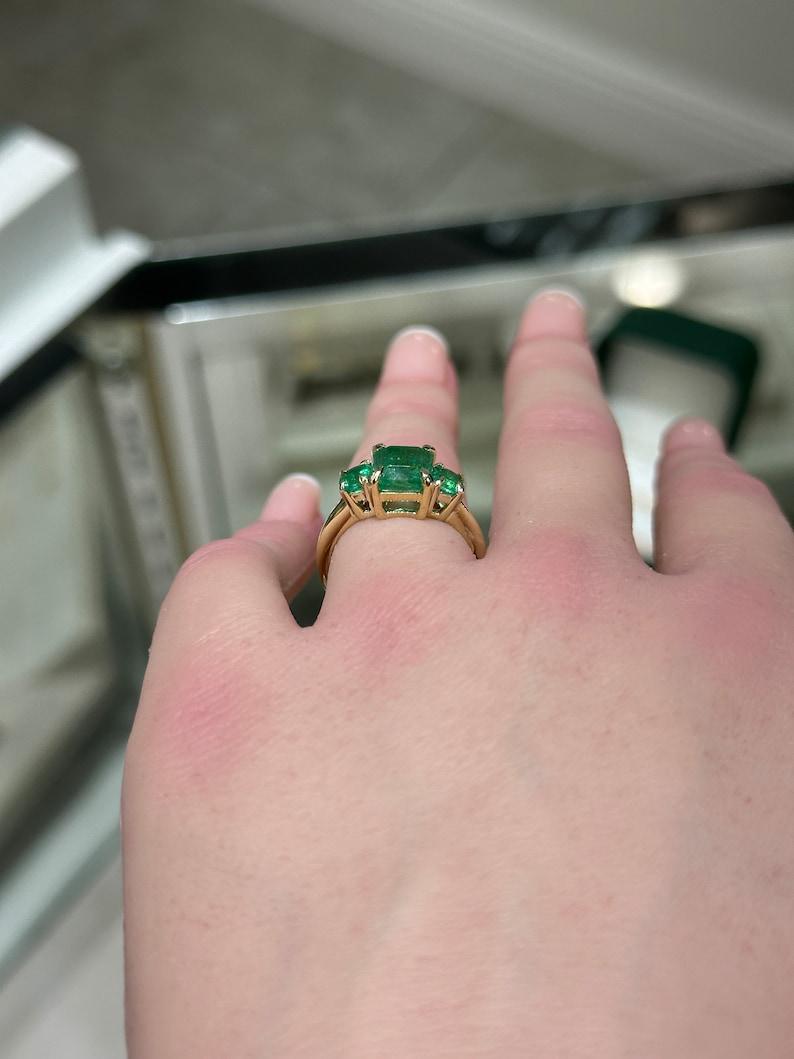 3.01tcw Rich Green Asscher Emerald Three Stone Prong Ring 14K Gold