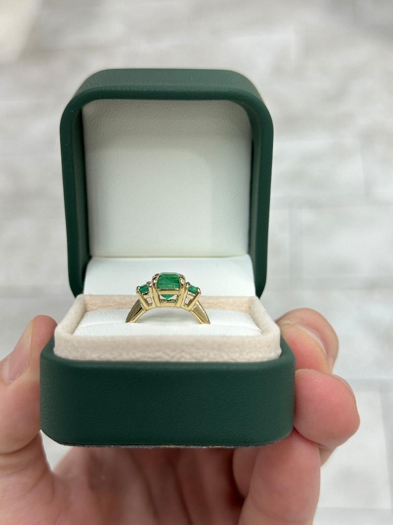 3.01tcw Rich Green Asscher Emerald Three Stone Prong Ring 14K Gold