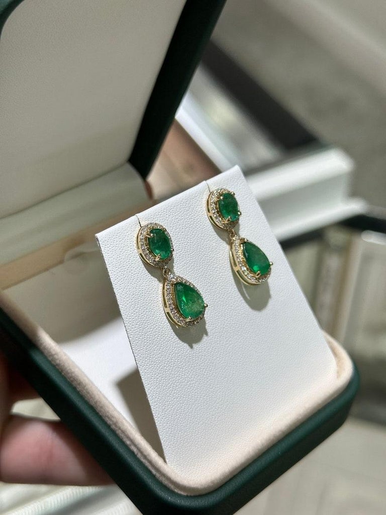 5.40tcw Oval Pear Emerald Diamond Halo Prong Drop Dangle Earrings 14K