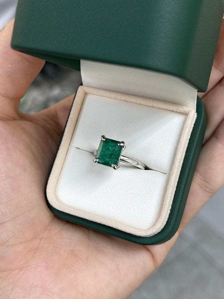 3.85ct Deep Green Emerald Cut Prong Solitaire Ring 14K White Gold
