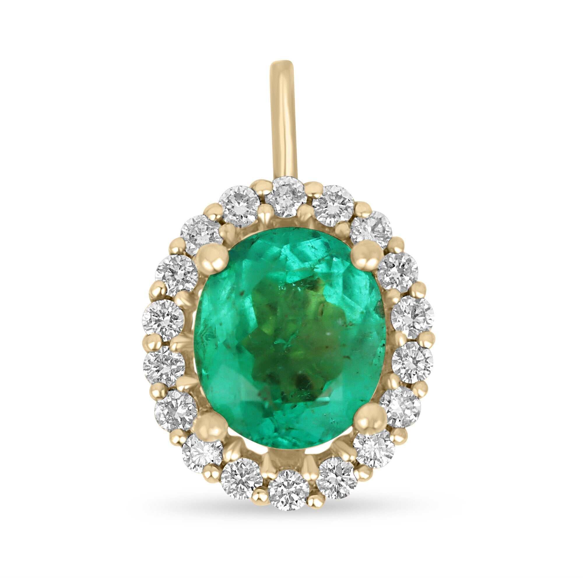 3.25tcw 14K Vivacious Spring Green Emerald-Oval Cut & Diamond Halo Gold Pendant Necklace - JR Colombian Emeralds