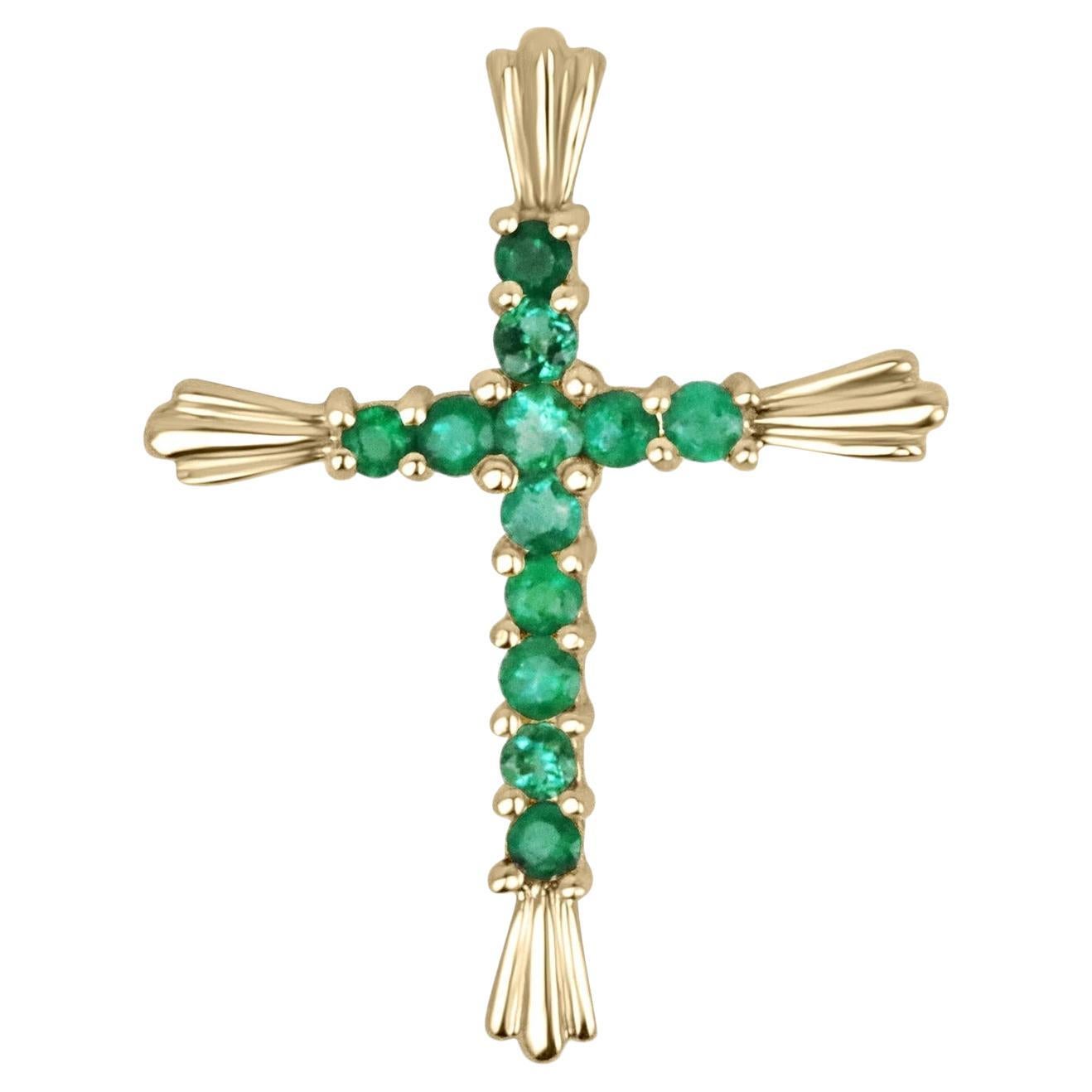 0.95tcw Colombian Emerald Rich Green Round Cut Prong Cross Pendant 18K