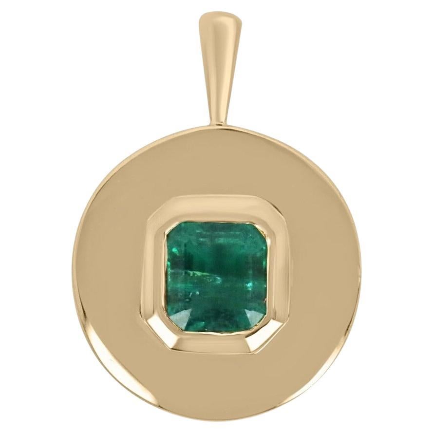 1.83ct Rich Dark Green Asscher Cut Emerald Solitaire Bezel Medallion Pendant 14K