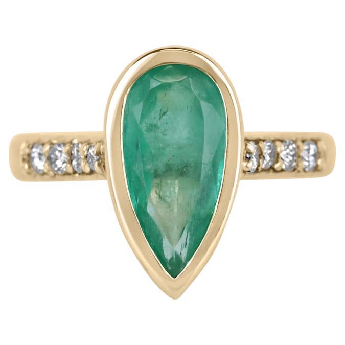 2.21tcw Pear Cut Emerald Diamond Bezel Engagement Ring 14K Yellow Gold