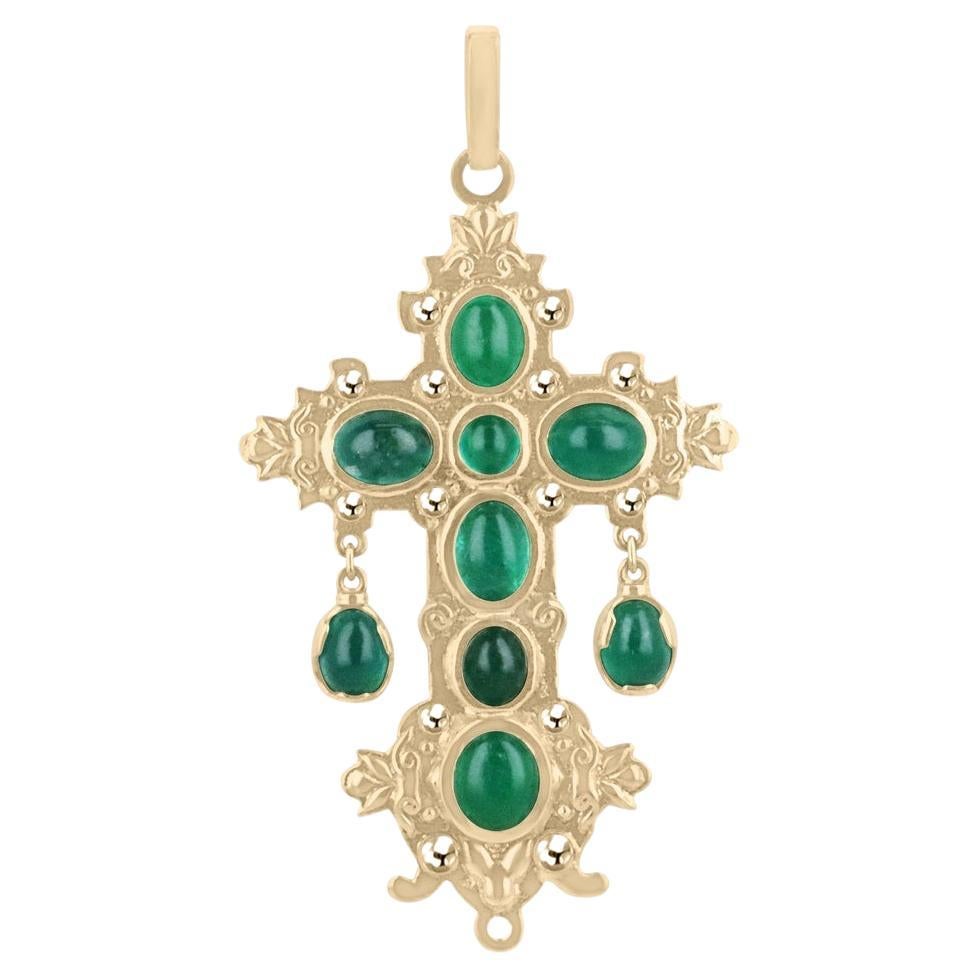22.19tcw Natural Oval Emerald Cabochon Atocha Replica Cross Pendant 14K Yellow Gold