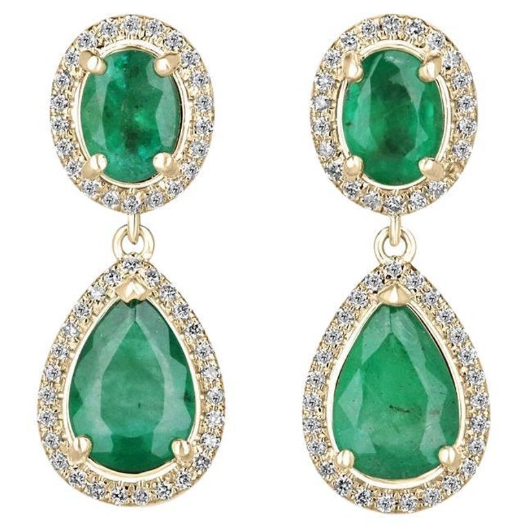 5.40tcw Oval Pear Emerald Diamond Halo Prong Drop Dangle Earrings 14K