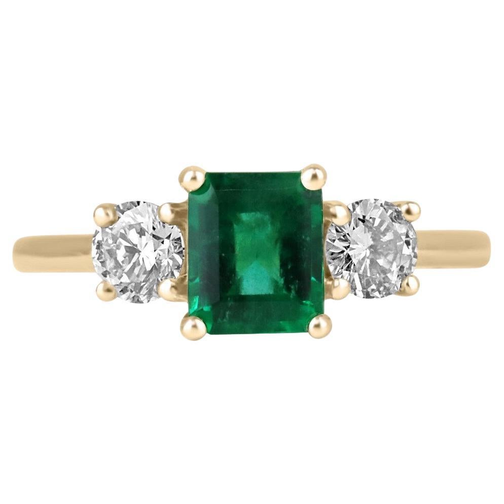1.34tcw Emerald Cut Emerald Diamond Three Stone Prong Engagement Ring 18K