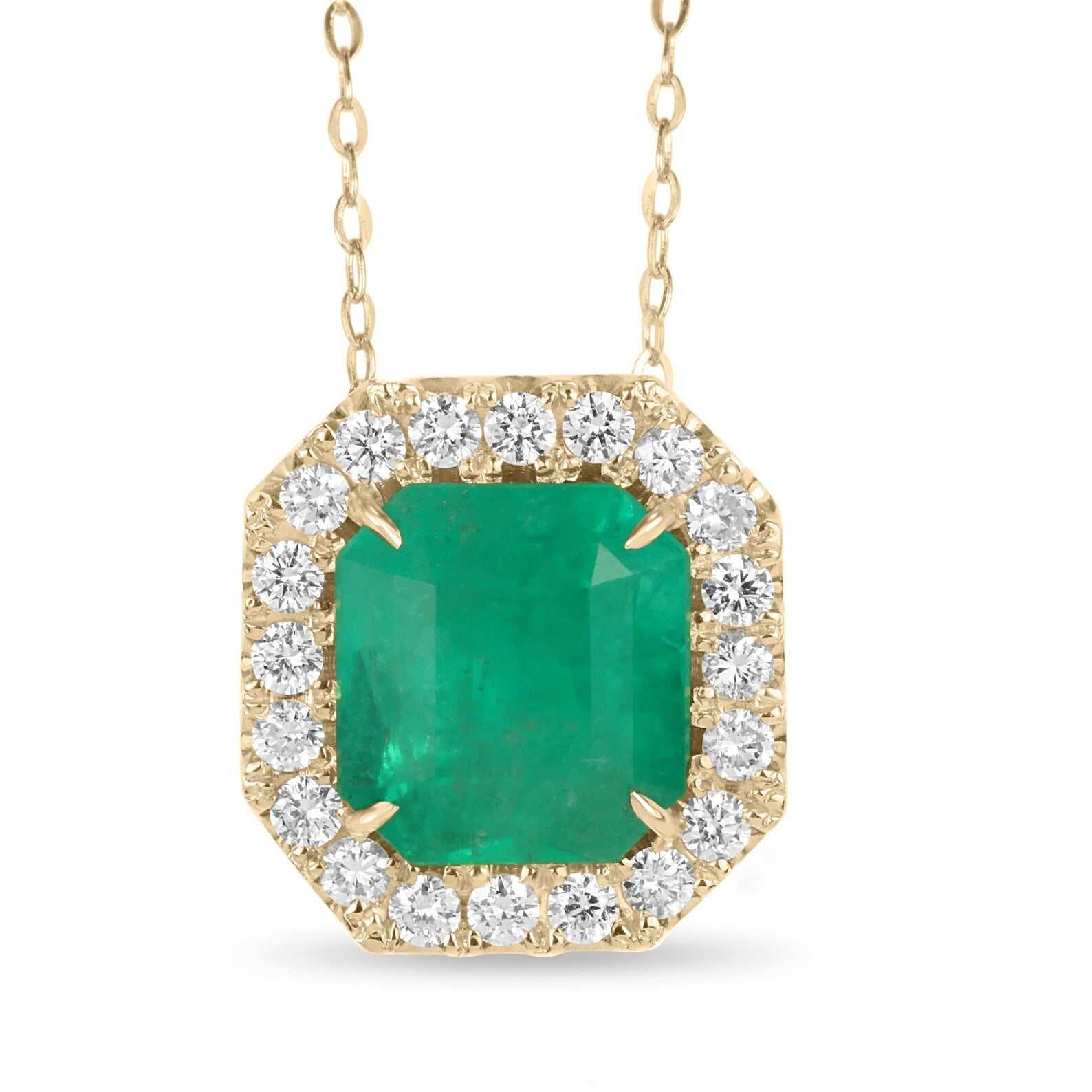 Square cut Colombian emerald and diamond halo necklace pendant in 14k yellow gold, featuring 4.60tcw of gemstones.