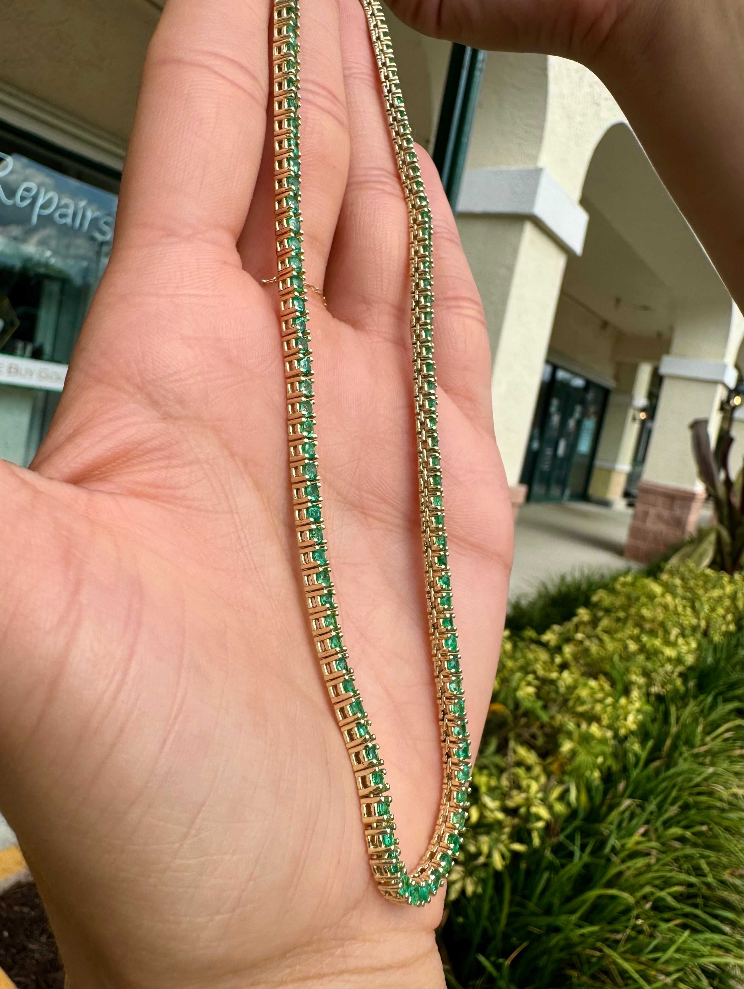 Natural emerald round cut tennis necklace, 20-22 inches, 9.84 carats, 14K gold, by JR Colombian Emeralds.