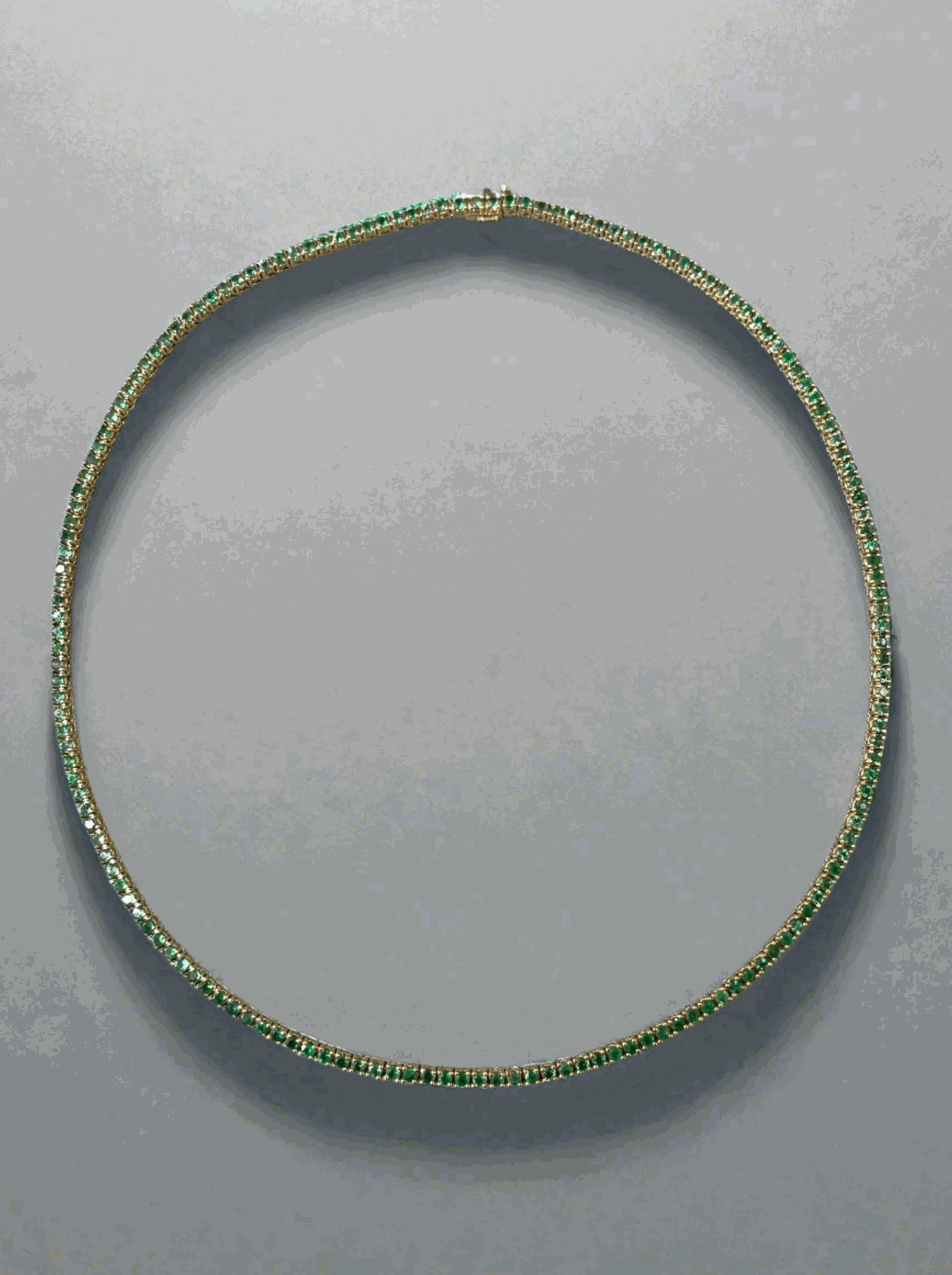 Natural emerald round cut tennis necklace with 9.84tcw from JR Colombian Emeralds, 20-22 inches, 14K gold setting.