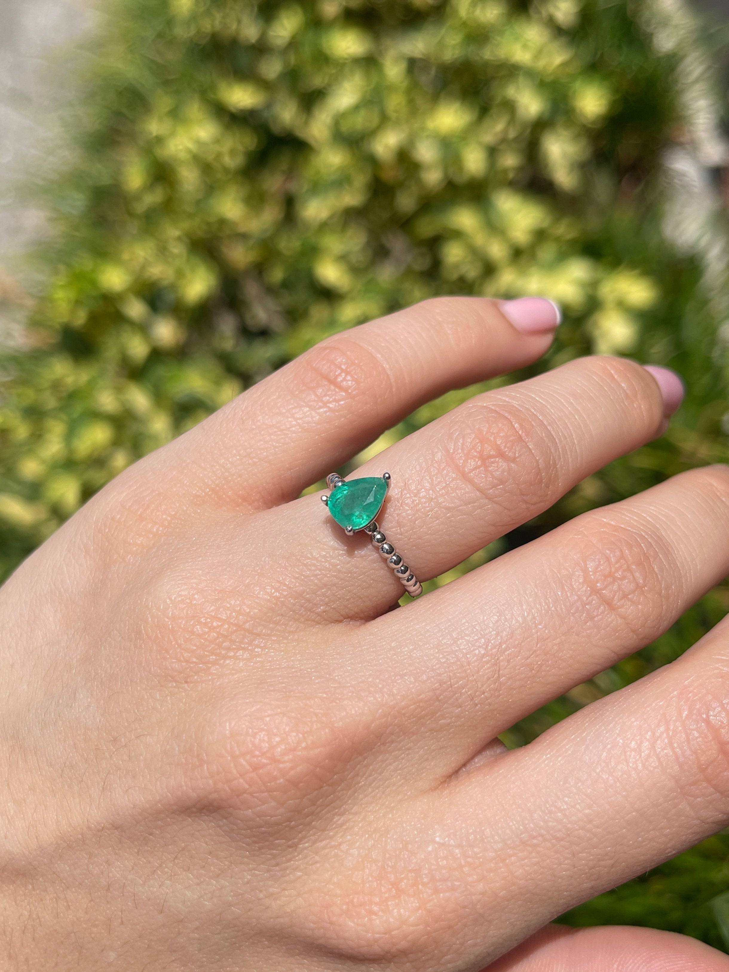 1.25ct 14K Solitaire Natural Pear Cut Emerald White Gold Beaded Ring - JR Colombian Emeralds